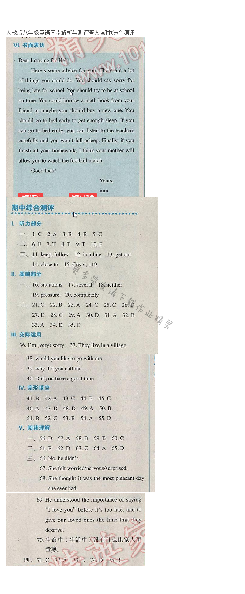 人教版八年级英语同步解析与测评答案 期中综合测评