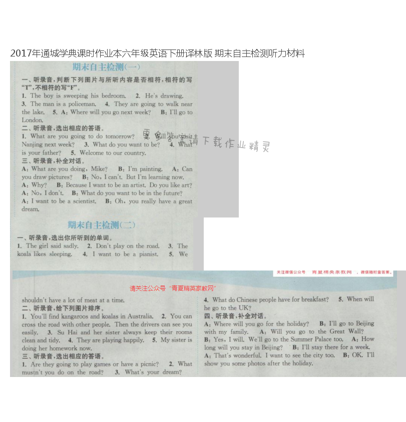 2017年通城学典课时作业本六年级英语下册译林版 期末自主检测听力材料