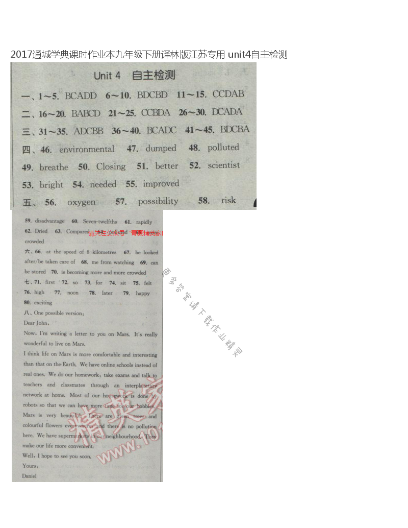 2017通城学典课时作业本九年级下册译林版江苏专用 unit4自主检测