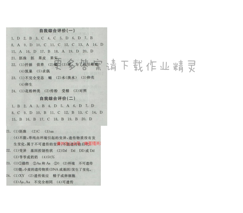2017全品学练考八年级生物学下册苏教版自我综合评价（一）（二）