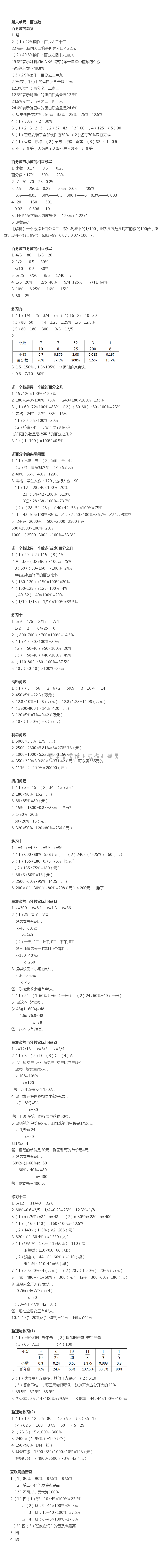 第六单元 百分数 - 百分数同步练习答案