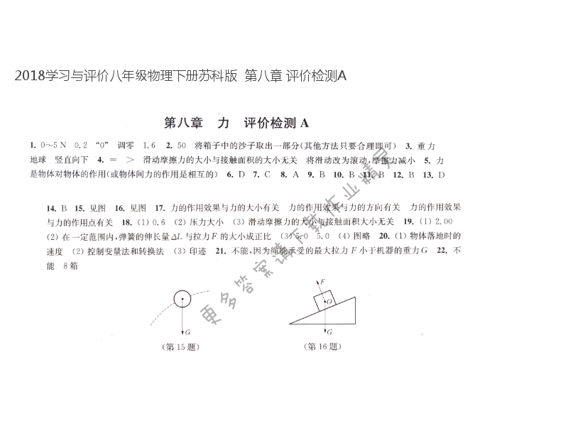 2018学习与评价八年级物理下册苏科版  第八章 评价检测A