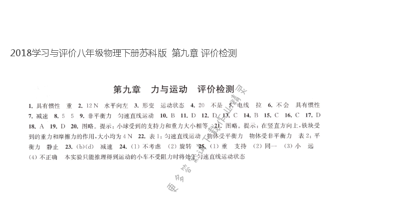 2018学习与评价八年级物理下册苏科版  第九章 评价检测