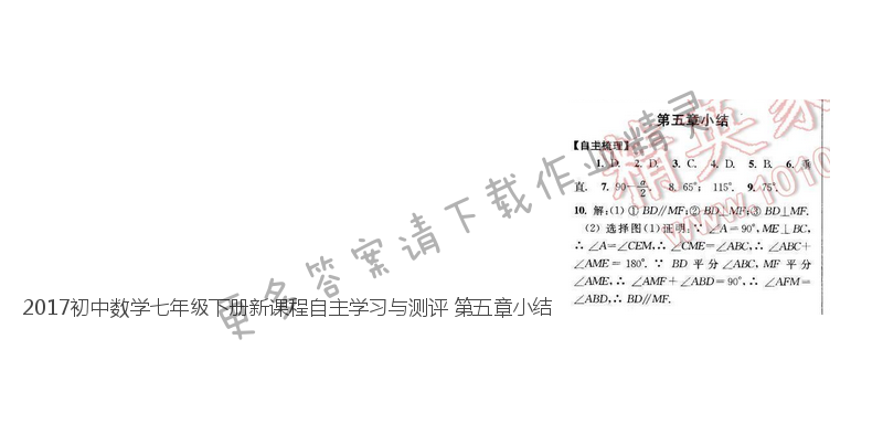 2017初中数学七年级下册新课程自主学习与测评 第五章小结