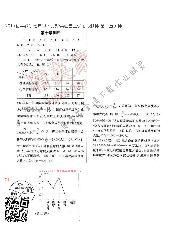 2017初中数学七年级下册新课程自主学习与测评 第十章测评