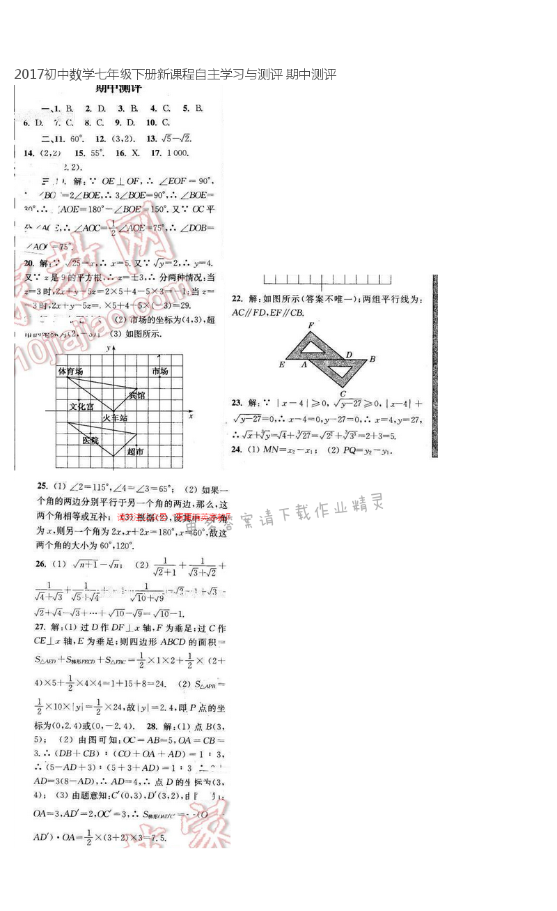 2017初中数学七年级下册新课程自主学习与测评 期中测评