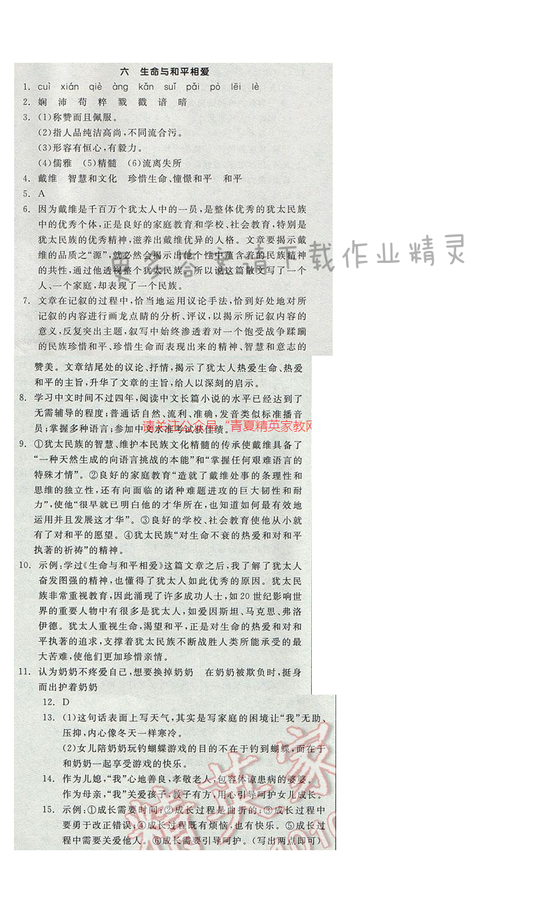 2017全品学练考九年级语文下册苏教版六 生命与和平相爱