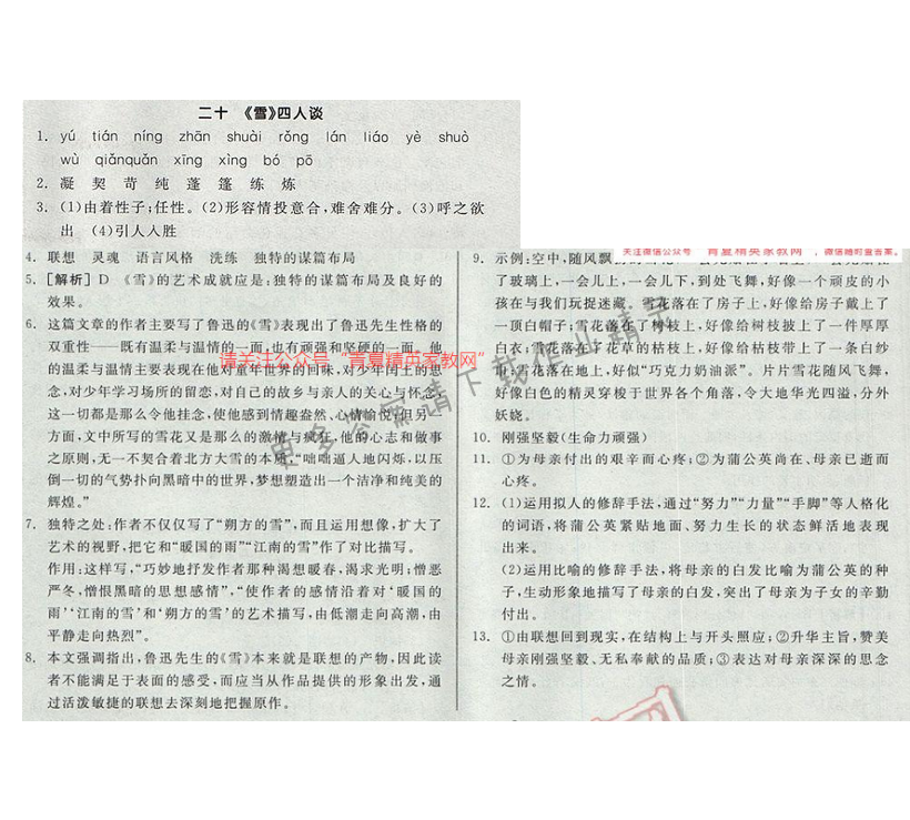2017全品学练考九年级语文下册苏教版二十 《雪》四人谈