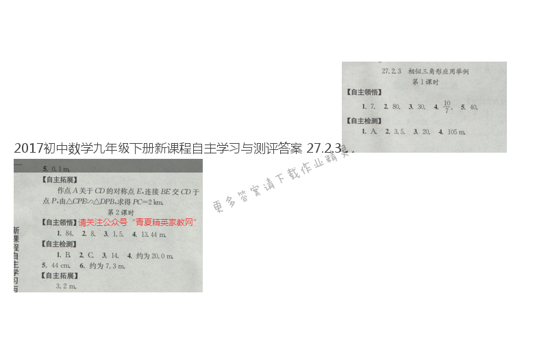 2017初中数学九年级下册新课程自主学习与测评答案 27.2.3