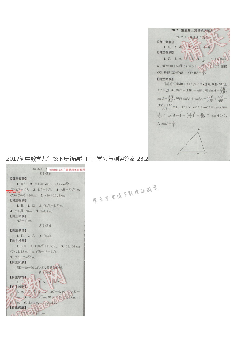 2017初中数学九年级下册新课程自主学习与测评答案 28.2