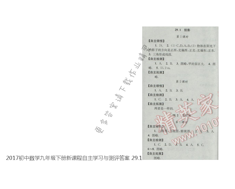 2017初中数学九年级下册新课程自主学习与测评答案 29.1
