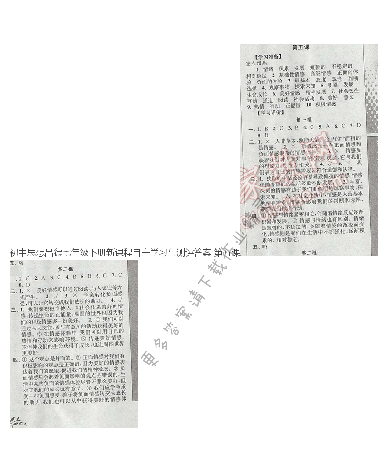 初中思想品德七年级下册新课程自主学习与测评答案 第五课