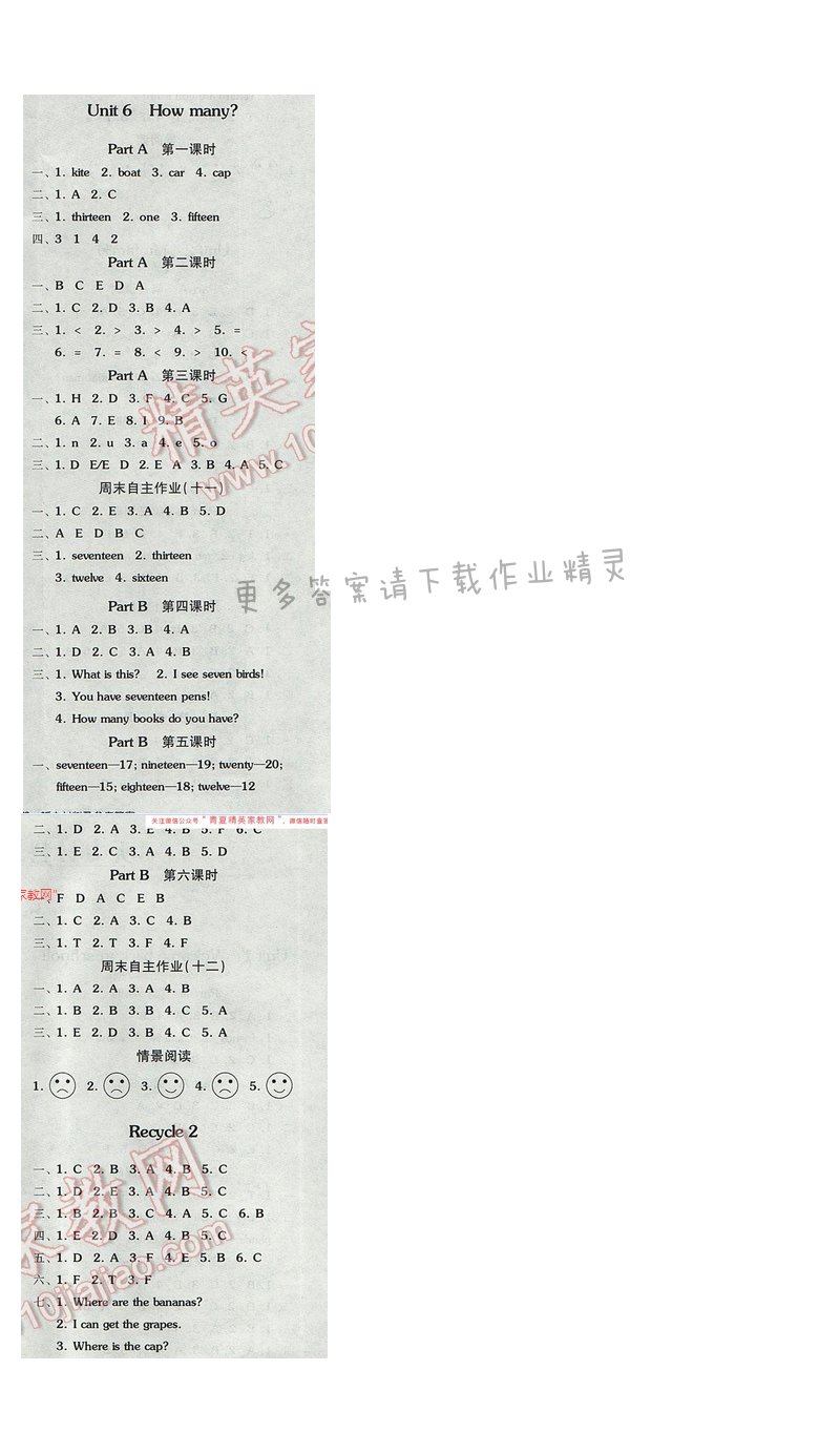 2017人教版三年級英語下冊全品學(xué)練考 聽力及答案Unit6How many