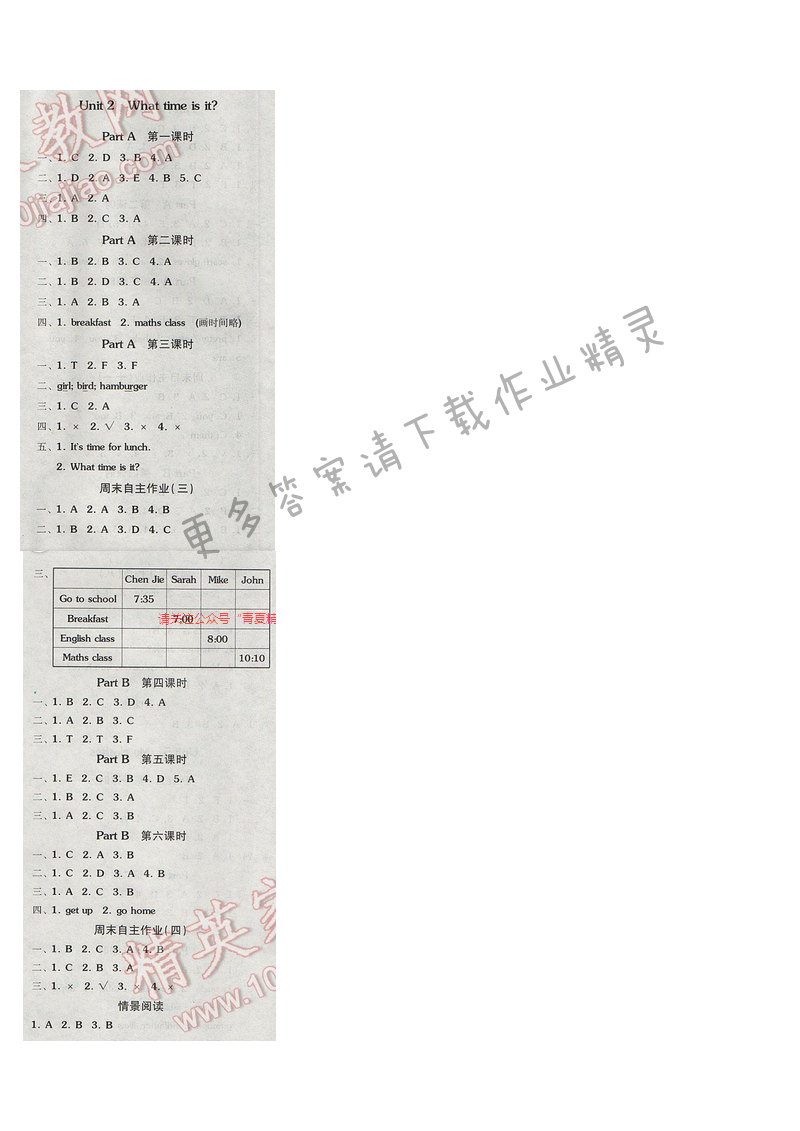 2017人教PEP版四年級英語下冊全品學練考 課后練Unit2