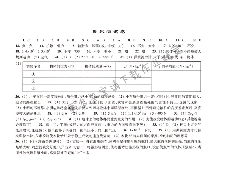 课课练苏科版物理八年级下册期末测试卷