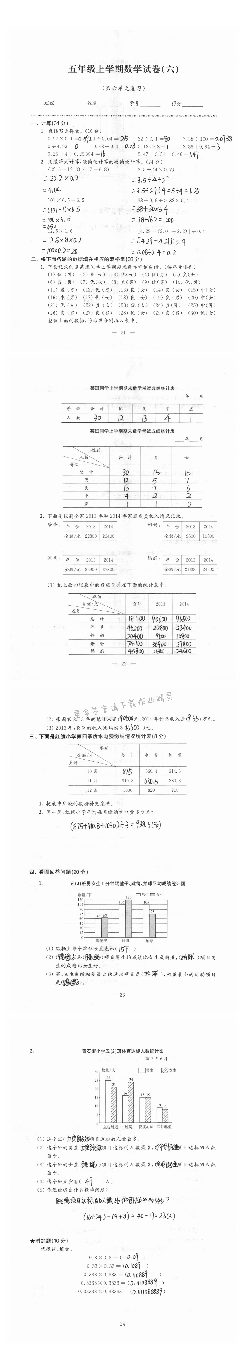 强化卷五年级上学期数学试卷（第六单元复习）