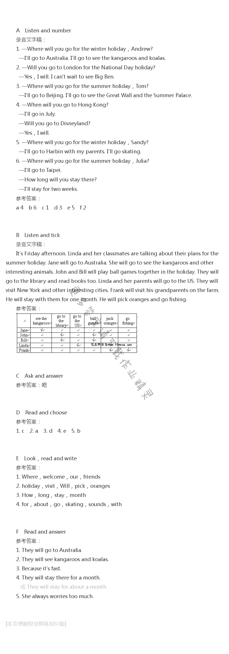 Unit 7 Summer holiday plans补充习题答案