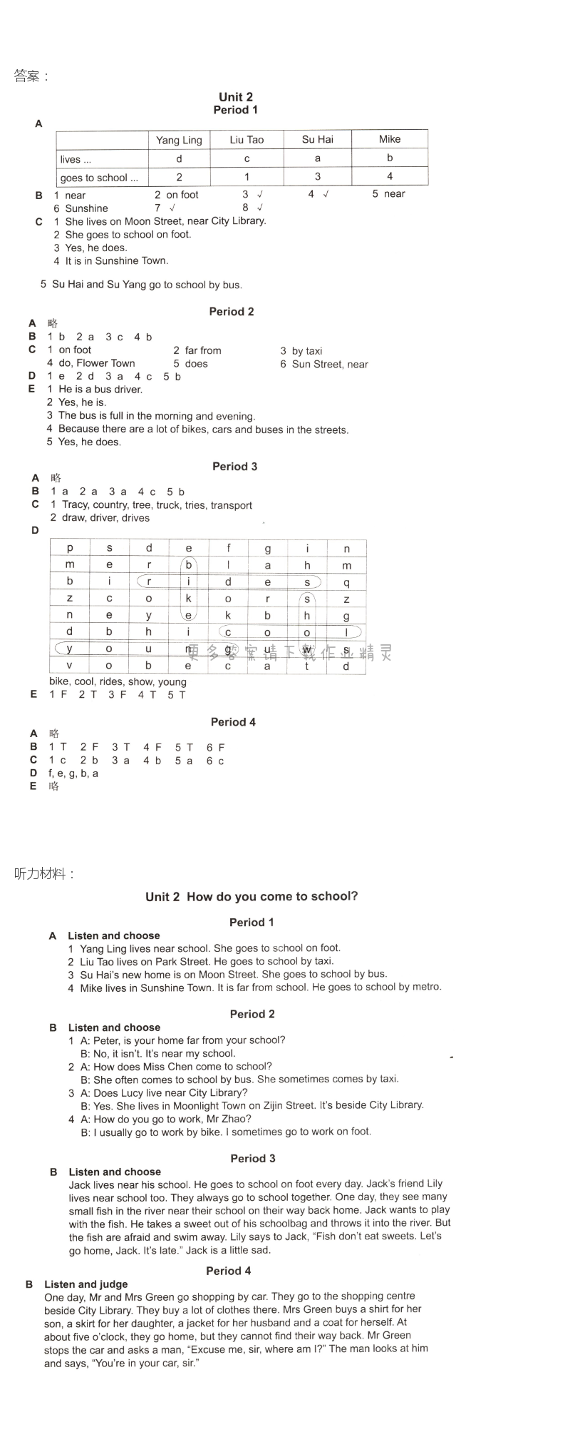 Unit 2  How do you come to school?课课练答案