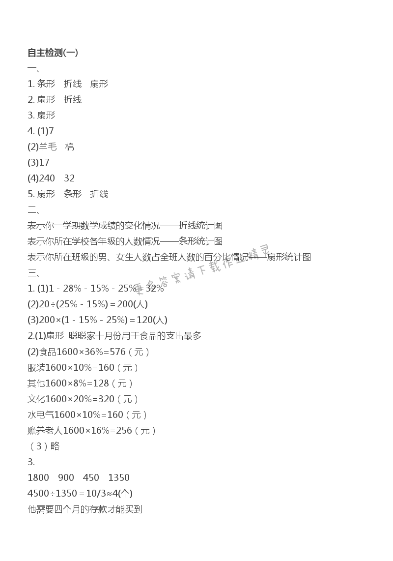 六下数学自主检测(一)伴你学答案