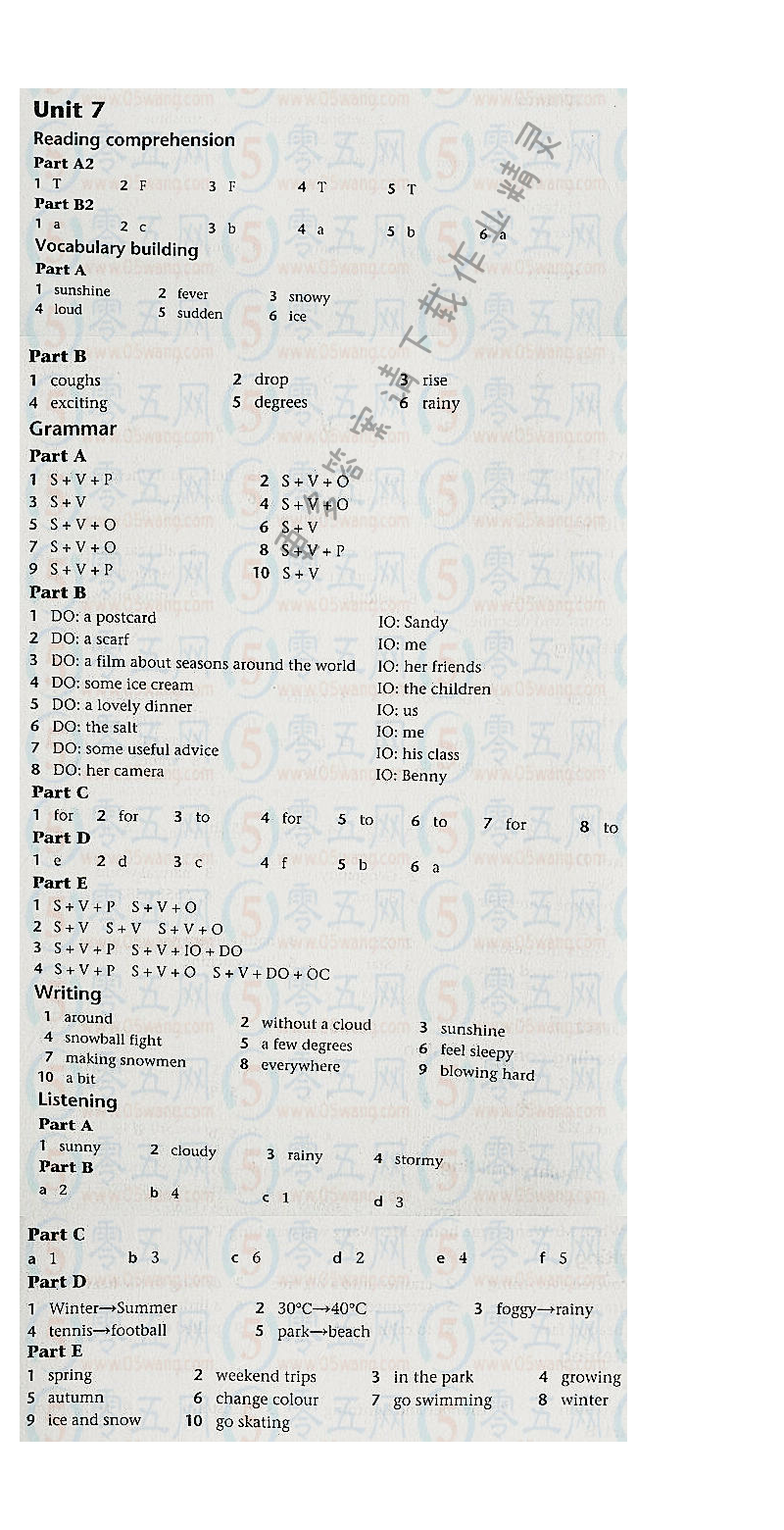 译林英语八年级上册Unit 7 Seasons补充习题答案
