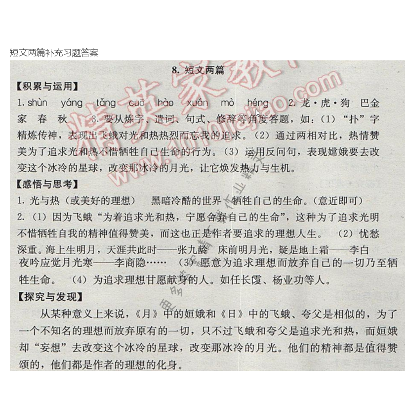 短文两篇补充习题答案