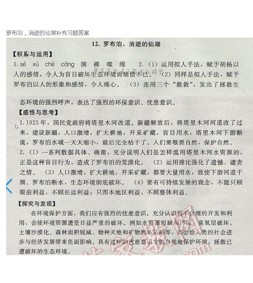 罗布泊，消逝的仙湖补充习题答案