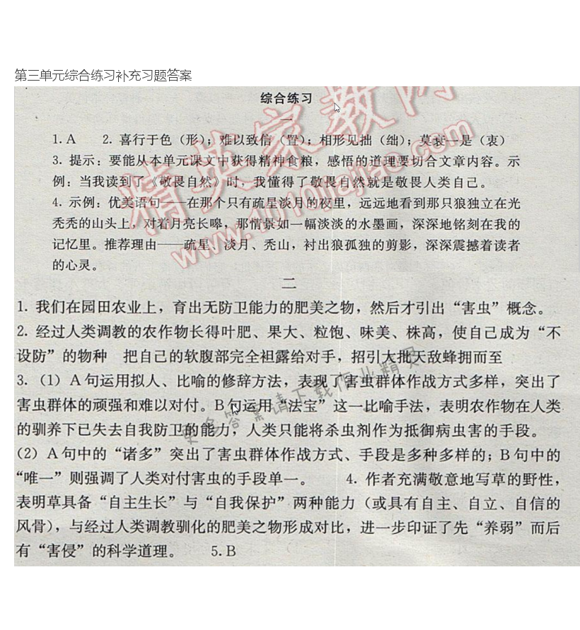 人教版八年级下册语文第三单元综合练习补充习题答案