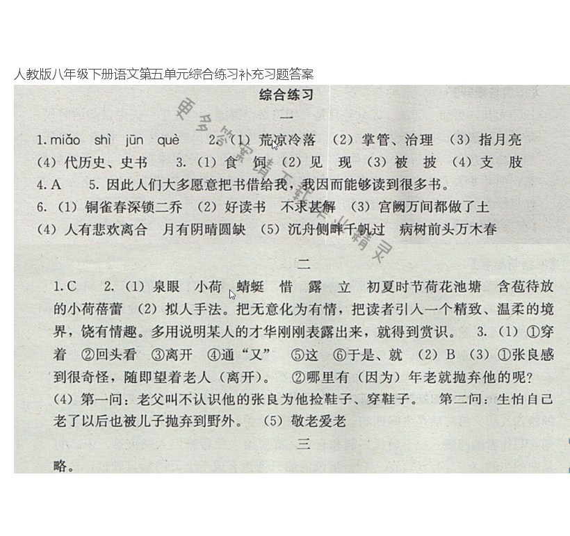 人教版八年级下册语文第五单元综合练习补充习题答案