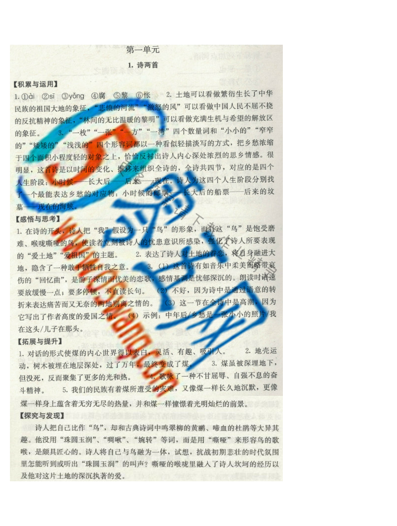诗两首 我爱这土地 （艾青） 乡愁 （余光中）补充习题答案