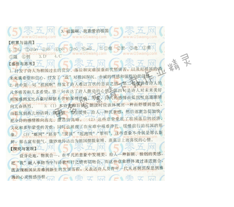 祖国啊，我亲爱的祖国补充习题答案