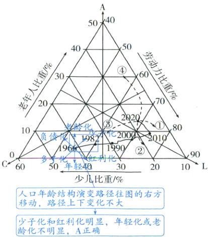 移动路径上下变化不大少子化和红利化明显年轻化或老龄化不明显A正确