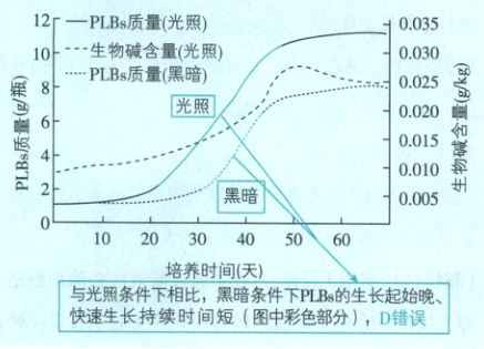 与光照条件下相比黑暗条件下PLB的生长起始晚快速生长持续时阃短图申彩色部分D错误