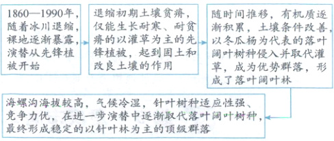 海螺沟海拔较高气候冷湿针叶树种适应性强竞争力优在进一步演替中逐渐取代落叶阔叶树种最终形成稳定的以针叶林为主的顶级群落