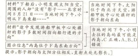 向丙岛C正确ABD图示信息丙岛位于F岛东南方向错误提示影子朝向与太阳方位相反直射点处无影长1