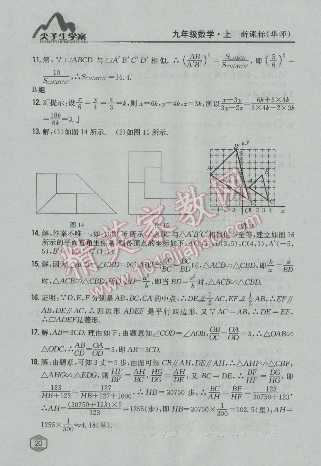 课本华师大版九年级数学上册&nbsp;参考答案第19页