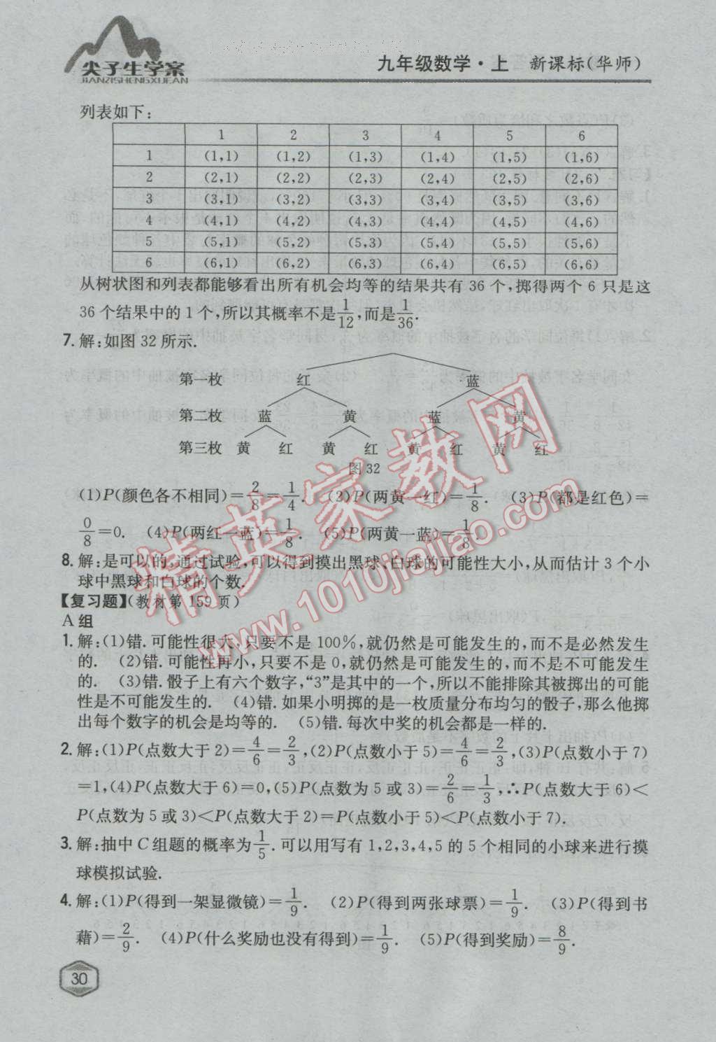 课本华师大版九年级数学上册&nbsp;参考答案第29页