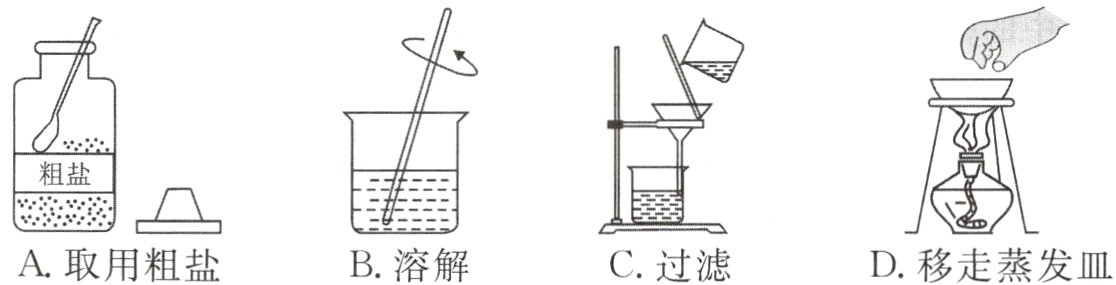A取用粗盐B溶解C过滤D移走蒸发皿