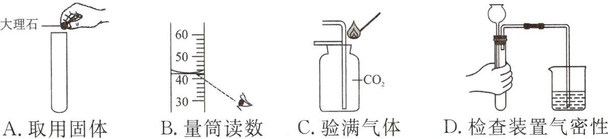 D检查装置气密性C验满气体B量筒读数A取用固体