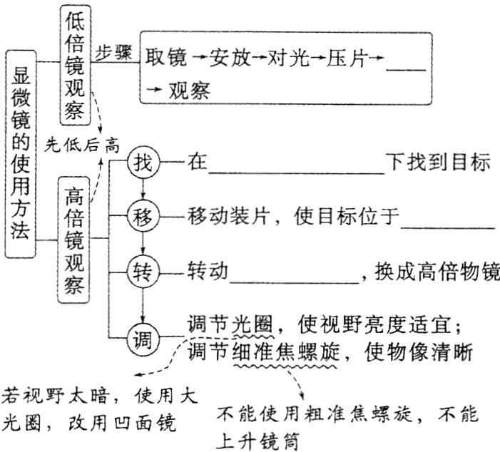 不能使用粗准焦螺旋不能光圈改用凹面镜上升镜筒