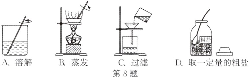 A溶解B蒸发c过滤D取一定量的粗盐第8题