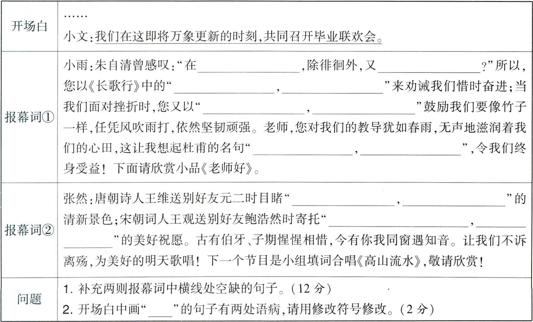 的句子有两处语病请用修改符号修改2分2开场白中画