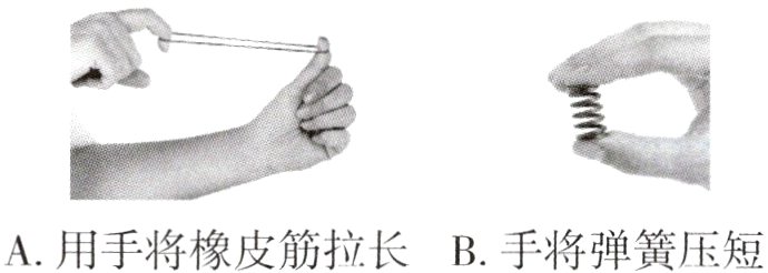 A用手将橡皮筋拉长B手将弹簧压短