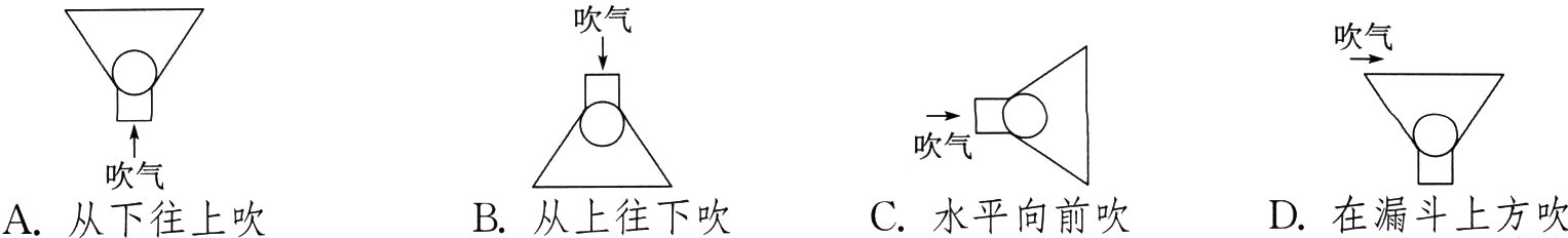 吹气D在漏斗上方吹C水平向前吹B从上往下吹A从下往上吹