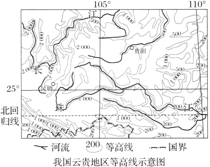 河流200等高线一国界我国云贵地区等高线示意图