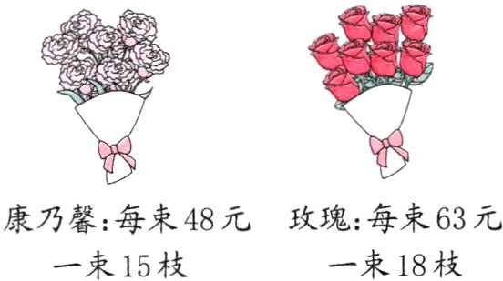 康乃馨每束48元玫瑰每束63元一束18枝一束15枝