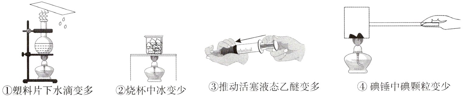 碘锤中碘颗粒变少推动活塞液态乙醚变多烧杯中冰变少塑料片下水滴变多