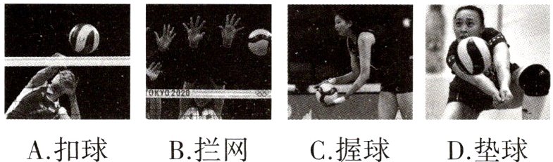 A扣球B拦网C握球D垫球