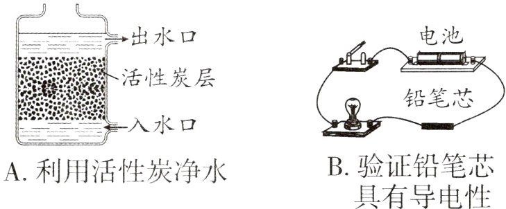 B验证铅笔芯A利用活性炭净水具有导电性