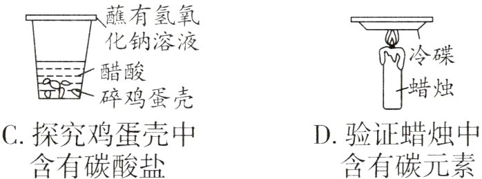 C探究鸡蛋壳中D验证蜡烛中含有碳元素含有碳酸盐