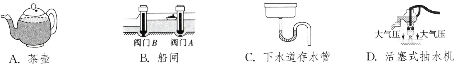 D活塞式抽水机C下水道存水管B船闸A茶壶
